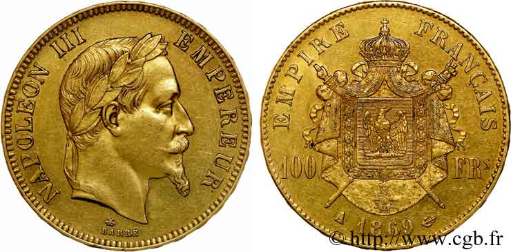 100 francs or Napoléon III, tête laurée 1869 Paris F.551/12 SS 