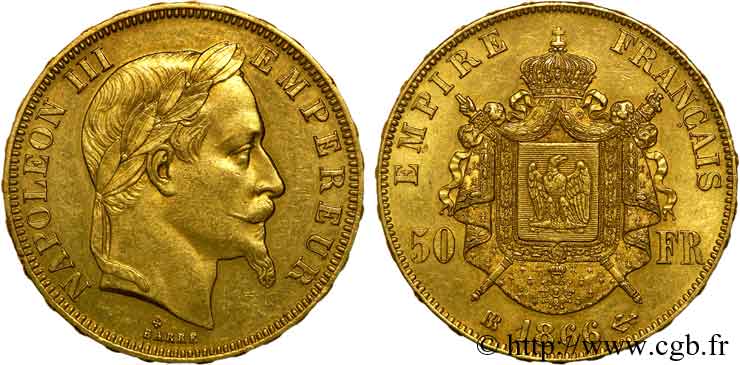 50 francs or Napoléon III, tête laurée 1866 Strasbourg F.548/7 AU 