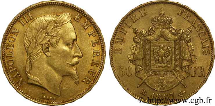 50 francs or Napoléon III, tête laurée 1867 Strasbourg F.548/9 XF 