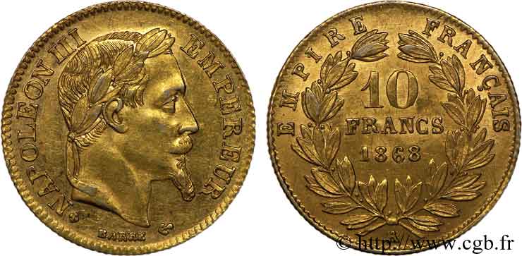 Faux en platine de 10 francs or Napoléon III, tête laurée 1868 Paris F.507A/18 var. SUP 