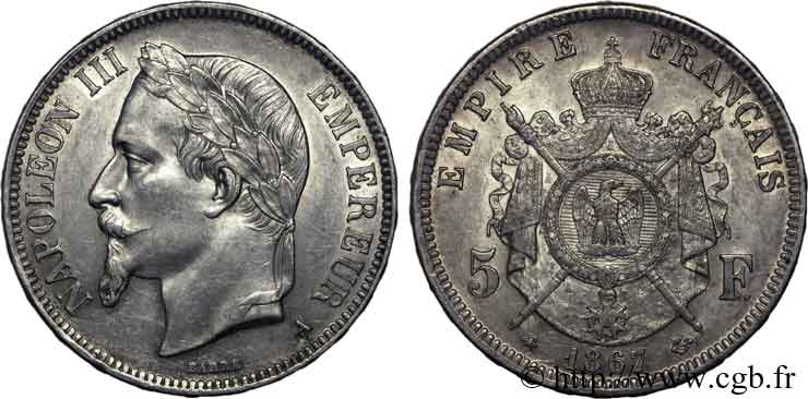 5 francs Napoléon III tête laurée 1867 Paris F.331/10 AU 
