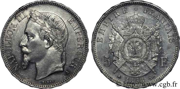 5 francs Napoléon III tête laurée 1868 Paris F.331/12 SPL 
