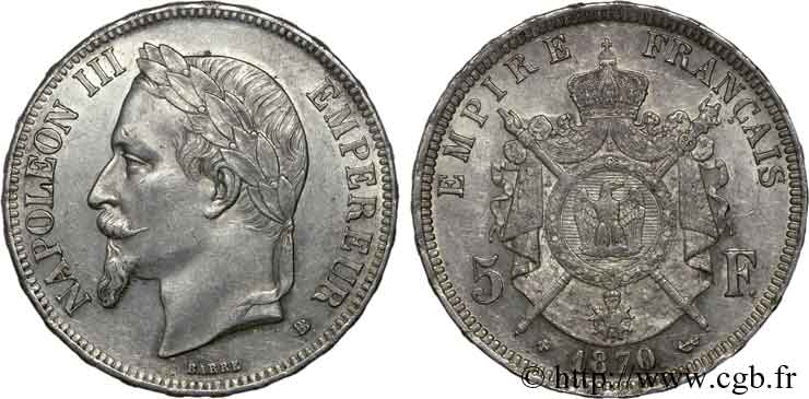 5 francs Napoléon III tête laurée 1870 Paris F.331/16 VZ 