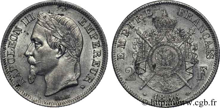 2 francs Napoléon III tête laurée  1866 Strasbourg F.263/3 AU 