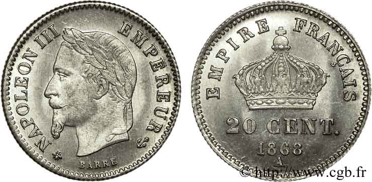 20 centimes Napoléon III tête laurée, grand module 1868 Paris F.150/4 SC 