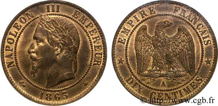 Dix centimes Napoléon III, tête laurée 1863 Paris F.134/10 AU 