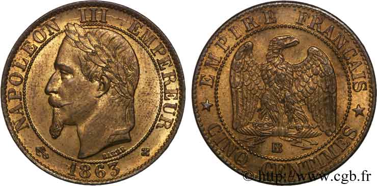 Cinq centimes Napoléon III tête laurée  1863 Strasbourg F.117/11 SC 
