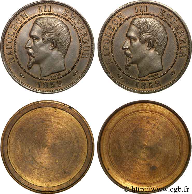 Boîte composée de deux avers de 10 Centimes Napoléon III, tête nue 1852 Paris F.cf. 133 1 VZ 