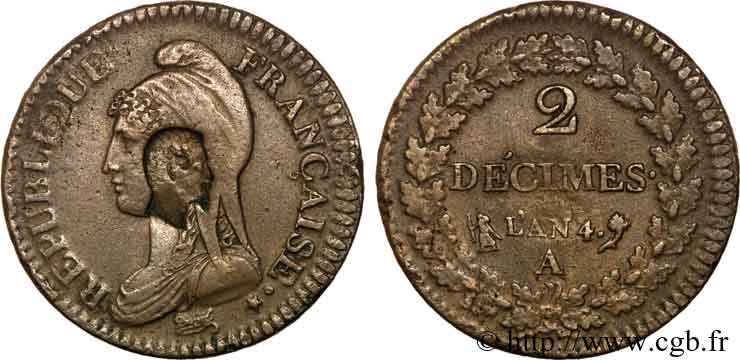 2 décimes Dupré, contremarqué de la tête de Louis-Napoléon Bonaparte 1796 Paris F.145/1 var. SS 