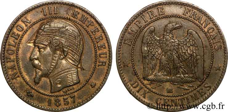 Monnaie satirique, module de dix centimes Napoléon III, tête nue, regravée 1857 Strasbourg F.133/42 var. XF 