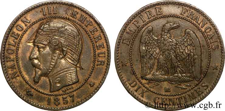 Monnaie satirique, module de dix centimes Napoléon III, tête nue, regravée 1857 Strasbourg F.133/42 var. TTB 