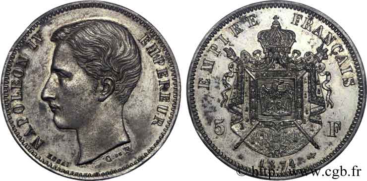 Essai 5 francs, étain 1874 Bruxelles VG.cf. 3760  SPL 