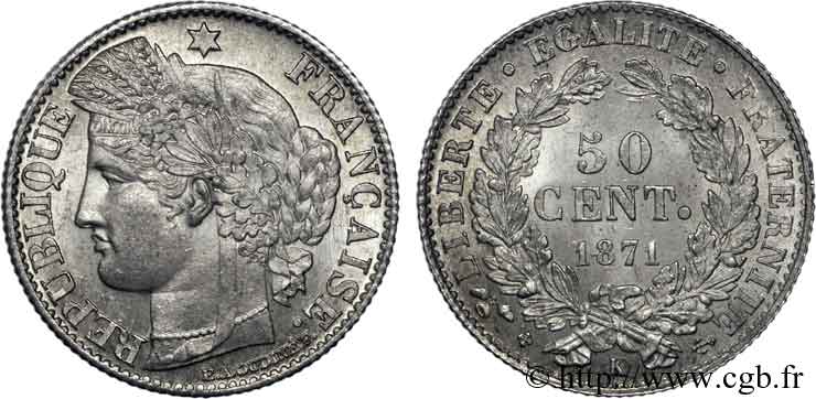 50 centimes Cérès Troisième République 1871 Bordeaux F.189/2 SC 