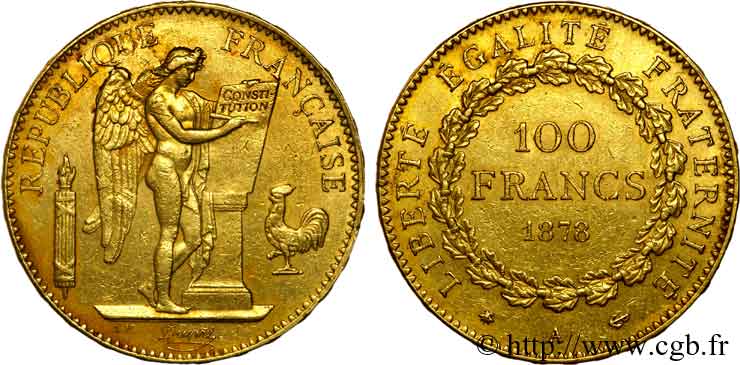 100 francs génie, tranche inscrite en relief Dieu protège la France 1878 Paris F.552/1 TTB 