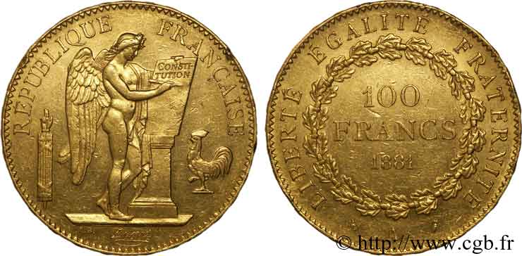 100 francs or Génie, tranche inscrite en relief Dieu protège la France 1881 Paris F.552/4 TTB 