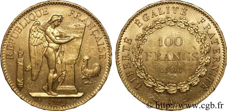 100 francs génie, tranche inscrite en relief Dieu protège la France 1904 Paris F.552/17 SPL 