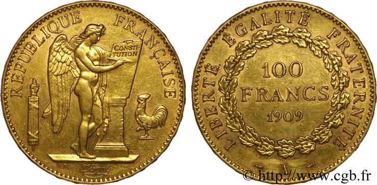 100 francs génie, tranche inscrite en relief Dieu protège la France 1909 Paris F.553/3 MBC 