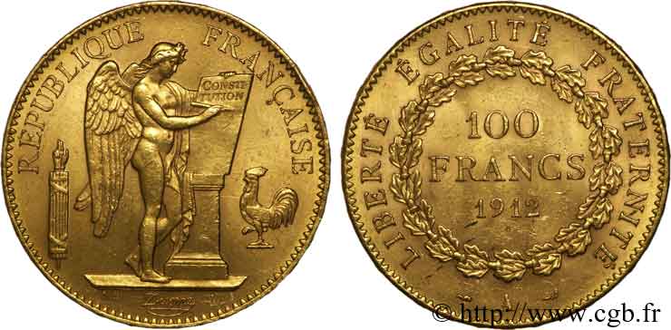 100 francs génie, tranche inscrite en relief liberté égalité fraternité 1912 Paris F.553/6 XF 