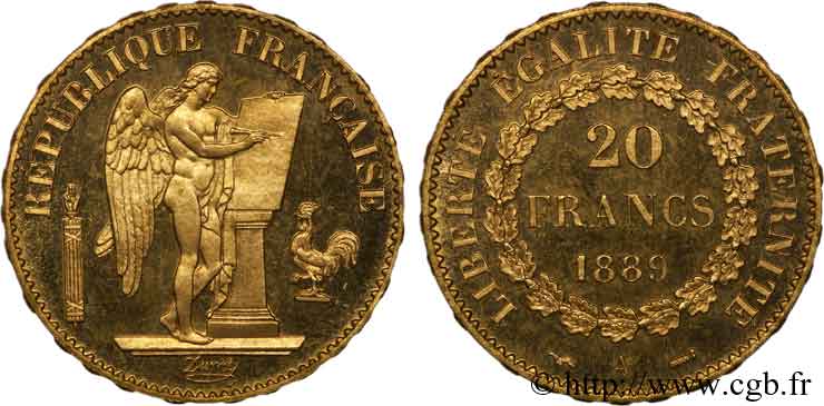 20 francs génie, flan bruni 1889 Paris F.533/13 FDC 