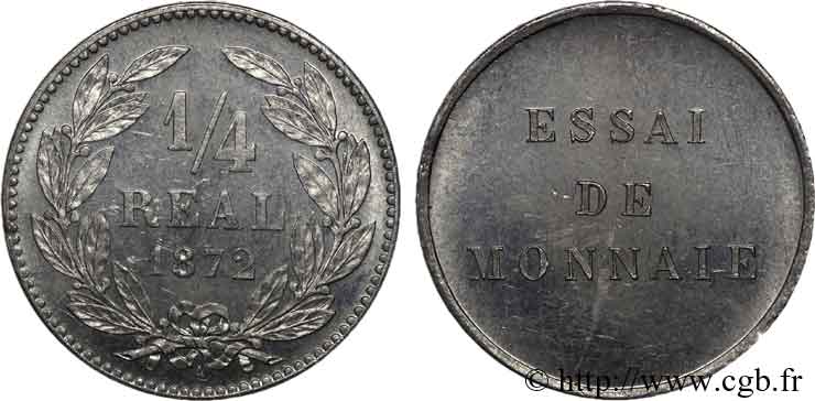 Essai d un 1/4 de réal, tranche lisse 1872 Paris VG.3816 var. EBC 