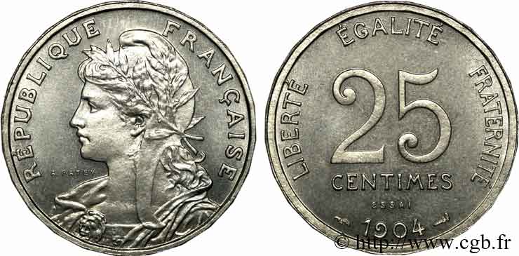Essai de 25 centimes Patey, champ lisse au revers 1904 Paris VG.4521  SPL 