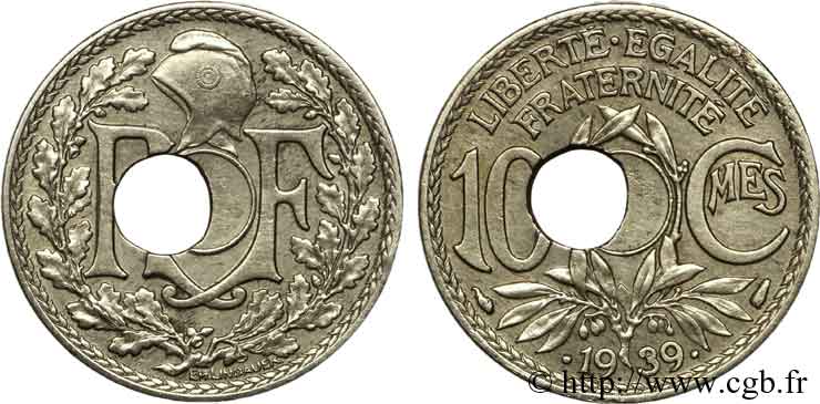 10 centimes Lindauer, Maillechort, trou décentré 1939  F.139/3 EBC 