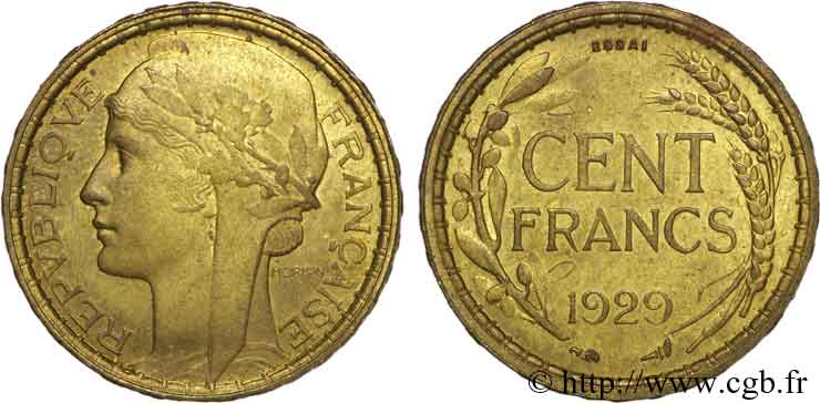 Concours de 100 francs, essai de Morlon en bronze-aluminium 1929 Paris VG.cf. 5222  SPL 