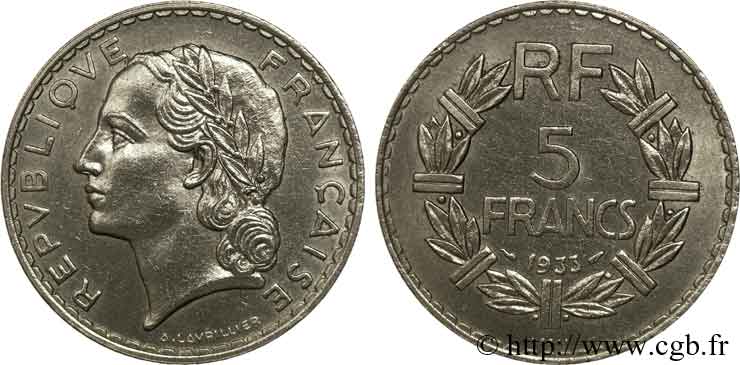 Concours de 5 francs, essai de Lavrillier en nickel 1933 Paris F.336/1 SUP 
