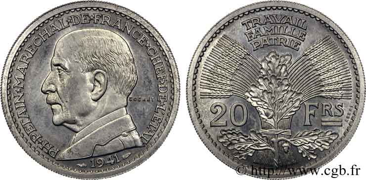 Essai de 20 francs Pétain en aluminium par Cochet 1941 Paris VG.cf. 5565  FDC 