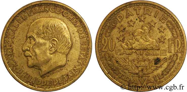 Essai - piéfort de 20 francs Pétain en bronze-nickel par Simon 1941 Paris VG.cf 5567  SUP 