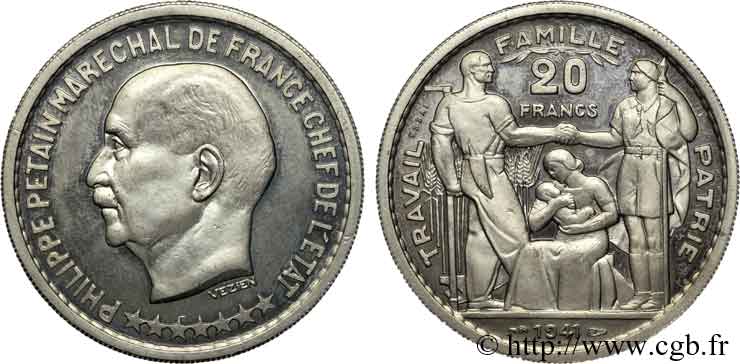 Essai de 20 francs Pétain par Vézien 1941 Paris VG.5568  MS 