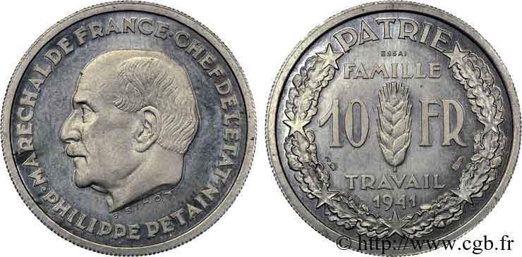 Essai de 10 francs Pétain en cupro-nickel de Simon 1941 Paris VG.5571  MS 