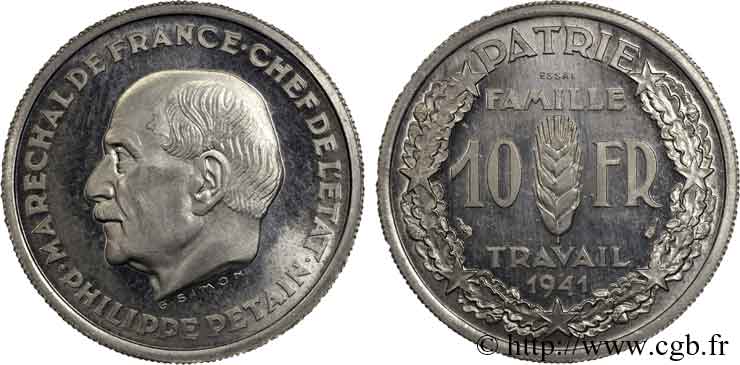 Essai - piéfort de 10 francs Pétain en aluminium de Simon 1941 Paris VG.5571  MS 