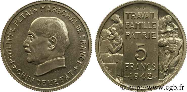 Essai grand module de 5 francs Pétain en Nickel de Bazor et Galle 1942 Paris VG.5610  fST 