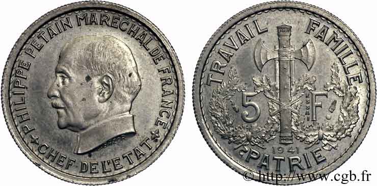 Essai de 5 francs Pétain en cupro-nickel, 1er projet de Bazor 1941 Paris VG.5573   SC 