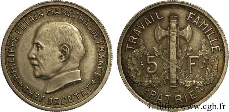 Essai de 5 francs Pétain en cupro-nickel, 1er projet de Bazor 1941 Paris VG.5573   SUP 