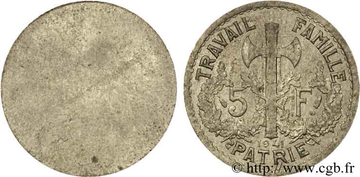 Essai uniface de revers de 5 francs Pétain en zinc, 1er projet de Bazor 1941 Paris VG.cf. 5573   AU 