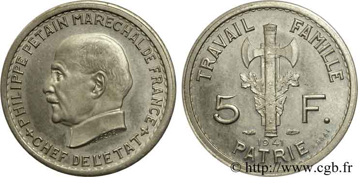 Essai de 5 francs Pétain en argent, 2e projet de Bazor 1941 Paris VG.cf. 5574  MS 