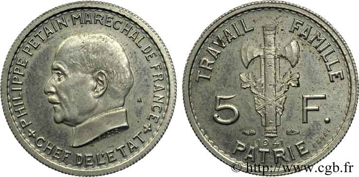 Essai de 5 francs Pétain en Maillechort, 2e projet de Bazor 1941 Paris VG.5574  SC 