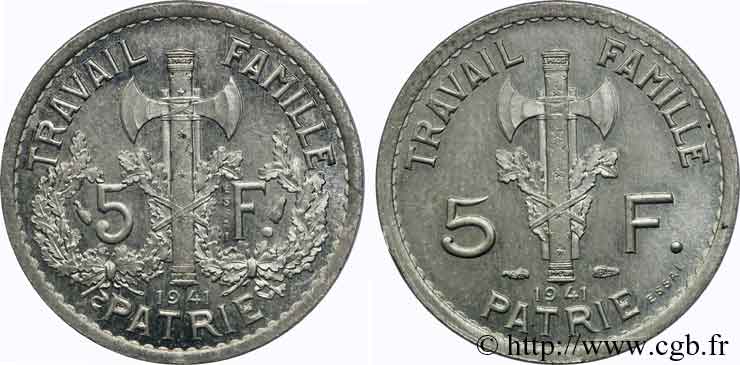 Essai hybride de revers de 5 francs Pétain en argent, des 1er et 2e projets de Bazor 1941 Paris VG.cf. 5573 et 5574  FDC 