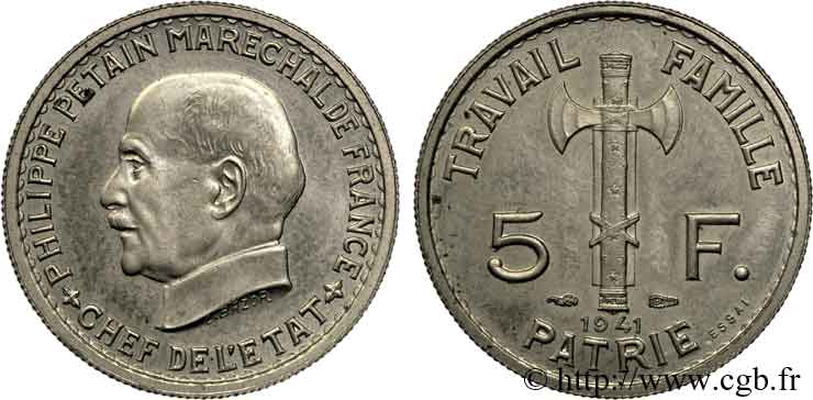 Essai de 5 francs Pétain en cupro-nickel, 3e type de Bazor (type adopté) 1941 Paris F.338/1 SPL 