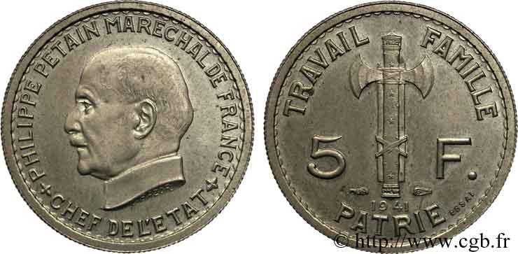Essai de 5 francs Pétain en cupro-nickel, 3e type de Bazor 1941 Paris VG.5578 1 fST 