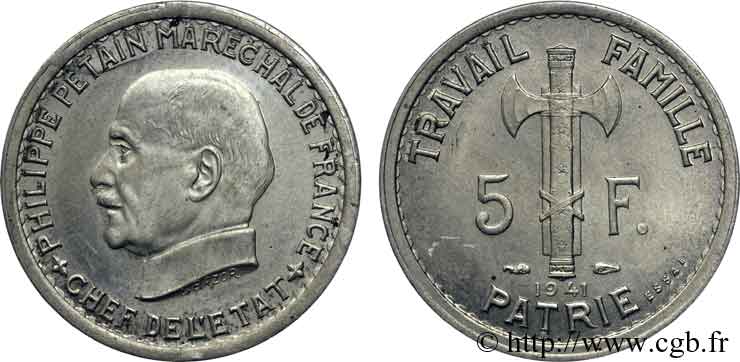 Essai de 5 francs Pétain en argent, 3e type de Bazor (type adopté) 1941 Paris VG.cf. 5578  SC 
