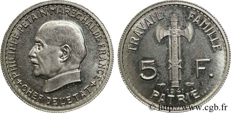 Essai de 5 francs Pétain en aluminium, 3e type de Bazor (type adopté) 1941 Paris VG.5578  ST 