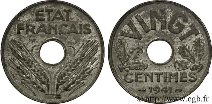 VINGT centimes État français, tranche lisse ou fautée 1941 Paris F.152/2-3  var. BB 