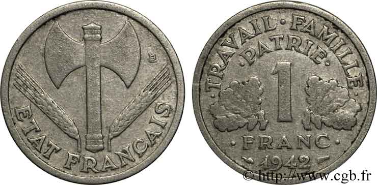 1 franc Francisque sur flan léger 1942 Paris F.223/2 MB 