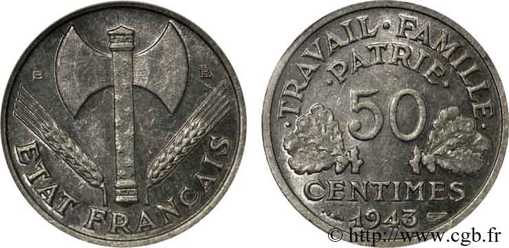50 centimes Francisque, poids léger 1943 Beaumont-le-Roger F.196/3 SPL 