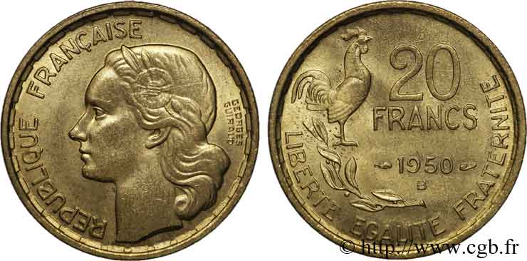 20 francs Georges Guiraud, 4 faucilles 1950 Beaumont-le-Roger F.401/3 EBC 