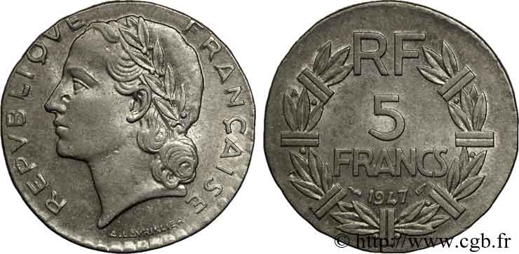 5 Francs Lavrillier en aluminium, fauté de frappe 1947 Paris F.339/9 AU 