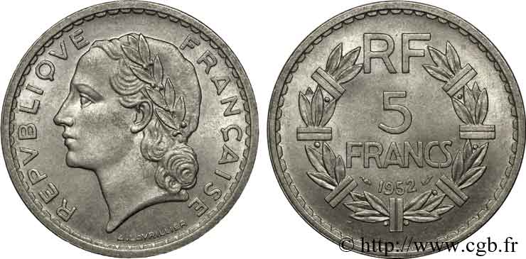 5 francs Lavrillier en aluminium 1952 Paris F.339/22 EBC 